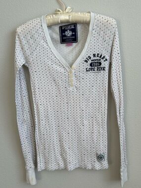 Y2K PINK Long Sleeve Henley Top in White with Tiny Multi Dots